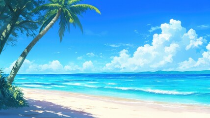 Fototapeta premium Illustration of Beautiful tropical beach with coconut palm leaves. Seascape background. Anime style
