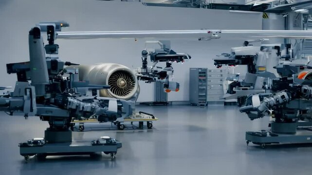 A factory where robotic systems assemble jet engine components, with turbines spinning during precision testing and lasers calibrating parts.

