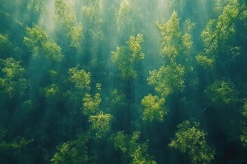 Obraz premium Aerial view of a green forest with sunlight rays piercing through the canopy-gigapixel-hq-scale-6_00x