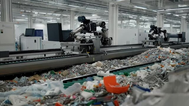 Footage from a recycling plant, where robots sort plastics, metals, and glass, with conveyor belts transporting materials for reprocessing.
