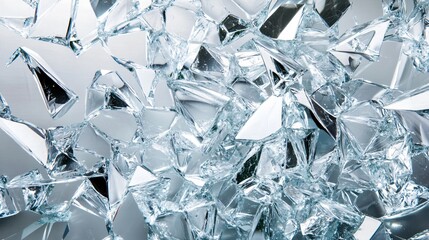 Close-up of many sharp, translucent, and shiny shards of broken glass.