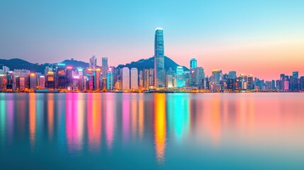 Obraz premium Stunning Twilight Reflection of Hong Kong Skyline in Vibrant Colors Over Calm Waters