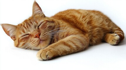 Cute Ginger Cat Sleeping on White Background