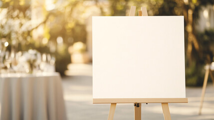 A blank 36 x 24 inch wedding welcome sign displayed on an elegant easel in a serene outdoor setting. The sign is surrounded by soft, neutral tones of beige, cream, and grey. The light, airy