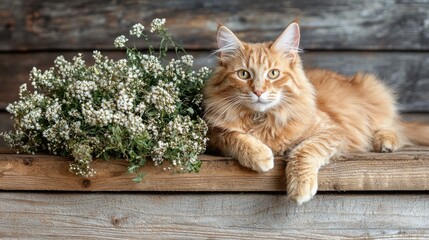 Cute Ginger Cat with White Flowers on Rustic Wood Background