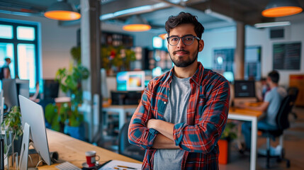 Fototapeta premium portrait of an American software engineer standing in modern office looking at camera, tech support worker