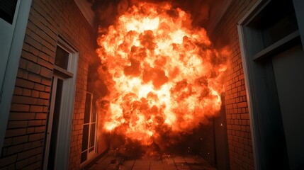 Dramatic fiery explosion in a dark urban alley the orange red glow casting intense shadows across the surrounding walls