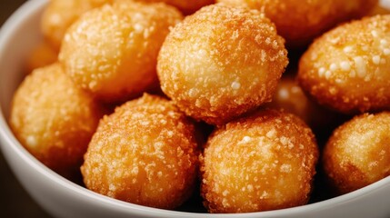 Closeup top view of a group of golden crunchy fried corn dog balls piled high in a bowl on a tabletop  These deep fried breaded and battered corn dog nuggets are a classic savory street food snack
