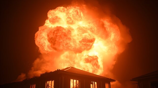 Dramatic fiery explosion from a collapsed building sending intense flames and billowing smoke roaring into the night sky above the urban cityscape