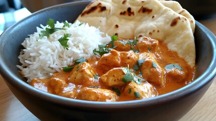 A bowl of Indian butter chicken, served with basmati rice and naan bread.


