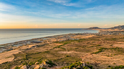 Aerial view of the prawn farm cleaning in Ninh Phuoc, Ninh Thuan, Vietnam. The growing aquaculture business continuously threatening the nearby wetlands.