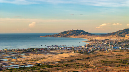 Aerial view of the prawn farm cleaning in Ninh Phuoc, Ninh Thuan, Vietnam. The growing aquaculture business continuously threatening the nearby wetlands.