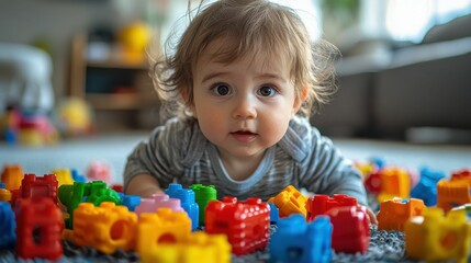 Fototapeta premium Curious Baby Playing with Colorful Building Blocks, showcasing the joy of play and early development in a cozy indoor setting.