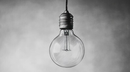 A monochromatic image of a hanging light bulb, symbolizing illumination and ideas.