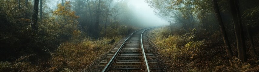 Fototapeta premium A misty railway track winding through a serene, autumn forest landscape.