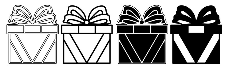 Black and white illustration of a gift box. Gift box icon collection with line. Stock vector illustration.