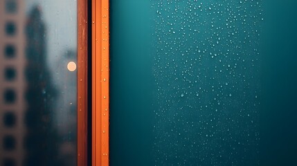 Raindrop streaked window of a high rise apartment overlooking a glowing hazy city skyline in the distance  The blurred abstract view evokes a peaceful contemplative atmosphere