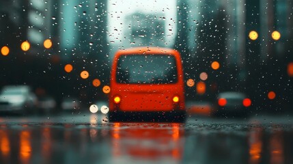 Rainy night cityscape with blurred rain splattered car windshield in the foreground creating an abstract atmospheric look