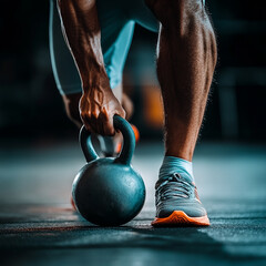 CrossFit athlete is lifting kettlebell, showcasing strength and determination in close up shot. focus is on athletes grip and footwear, emphasizing fitness and training
