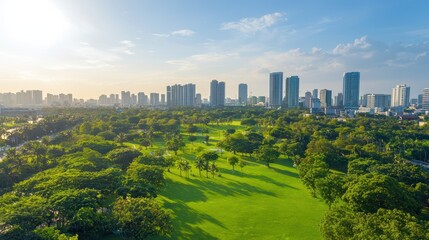 Obraz premium Aerial View of Lush Green Park Surrounded by Urban Skyscrapers Under Bright Blue Sky