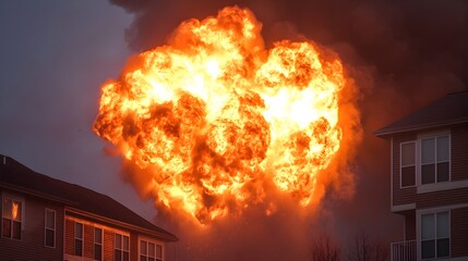 Dramatic and intense image of a massive fireball erupting from an apartment building with flames roaring and billowing into the dark night sky