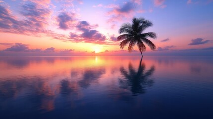 Serene sunset over calm waters with a solitary palm tree reflecting in the water.