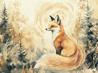 Obraz premium A watercolor painting of a fox with a bushy tail 