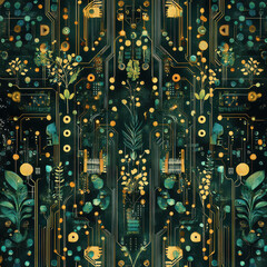 Futuristic Seamless Nature-Tech Circuitry Pattern