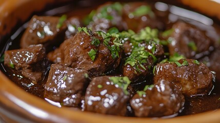 A dish of beef bourguignon, with tender beef stewed in red wine and herbs.


