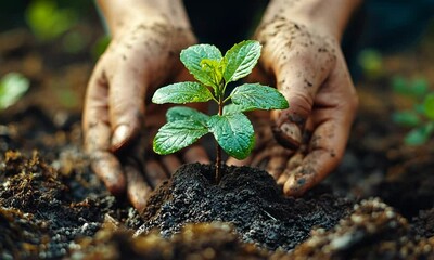 Hands nurturing a young plant in rich, dark soil.