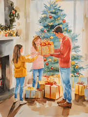 New Year's Eve Moments: Families, Couples, Teenagers, and Business Professionals Celebrating Together with Fireworks, Festive Dinners, Gift Exchanges, and Winter Scenes