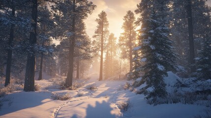 Serene snowy forest at dawn, with tall pine trees covered in thick snow and a soft, light peeking through the branches. Ground is untouched, and animal tracks are faintly visible in the distance.