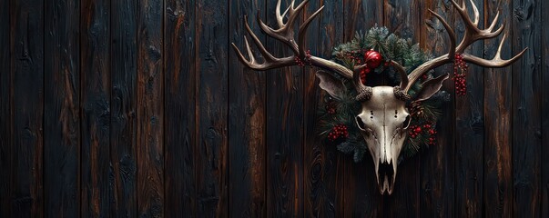 Elk skull with antlers and a holiday wreath set against a dark wood backdrop.