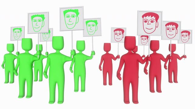 Two Groups of Green and Red 3D Men with Posters with Portraits of Candidates in Horizontal Loopable 4K 3D Animation Stock Video