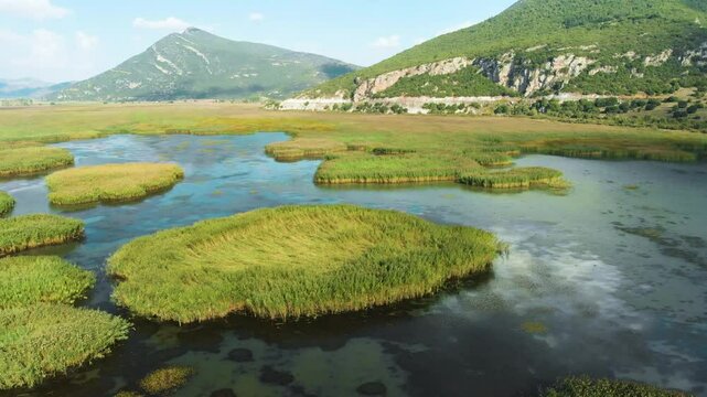 Aerial view of Stymphalia lake, located in the north-eastern part of the Peloponnese, in Corinthia, southern Greece, place where Hercules shot down the Stymfalian Birds according to the ancient myth.