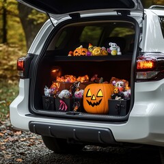 A festive Halloween scene in a car trunk, featuring a carved pumpkin and various colorful decorations.