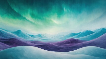 Fototapeta premium Abstract winter landscape, illuminated by pale glow of the northern lights above. The sky is filled with shades of green and purple, and the snow below reflects the light, creating a magical.