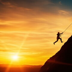Adventurous Climber Conquering a Scenic Mountain at Sunset with Vibrant Colors in the Sky