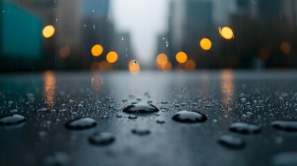Vibrant glowing reflections of city lights dancing in the water droplets covering a windshield at night creating an abstract atmospheric pattern