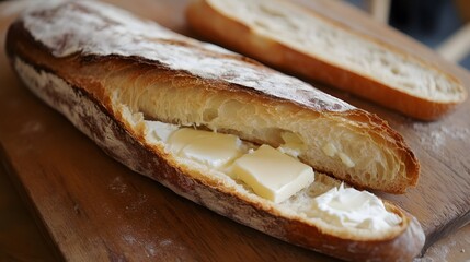 A fresh baguette, served warm with butter and brie cheese.


