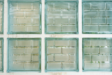 Glass cube texture block wall construction square shape background. Concept idea for modern interior decoration or save energy material design.