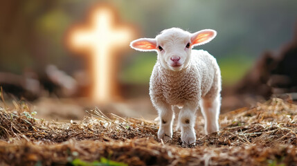 Fototapeta premium cute lamb standing in field with glowing cross in background, evoking sense of peace and innocence. soft light enhances serene atmosphere of scene