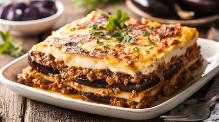 A Greek moussaka, with layers of eggplant, minced meat, and béchamel sauce.


