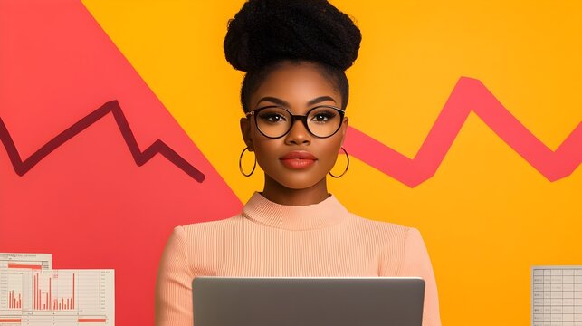 Portrait of a dedicated African American financial analyst working late into the night on her laptop surrounded by piles of paperwork and detailed statistical graphs in a dimly lit office setting - Powered by Adobe