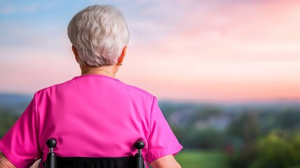 Fototapeta premium Caring nurse gently pushes a smiling senior woman in a wheelchair through a beautiful garden setting
