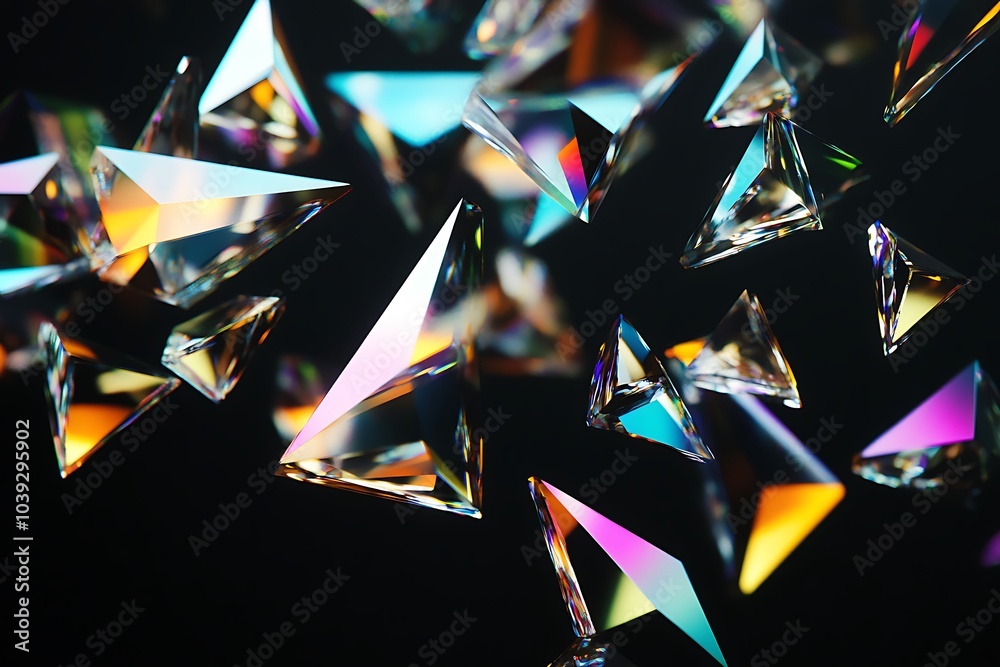 Poster Abstract background with iridescent triangular shards on a black background.
