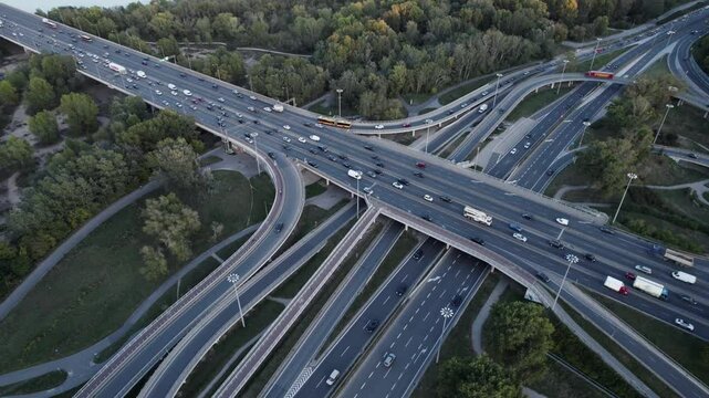 Multi-level highway junction in Warsaw, aerial drone view