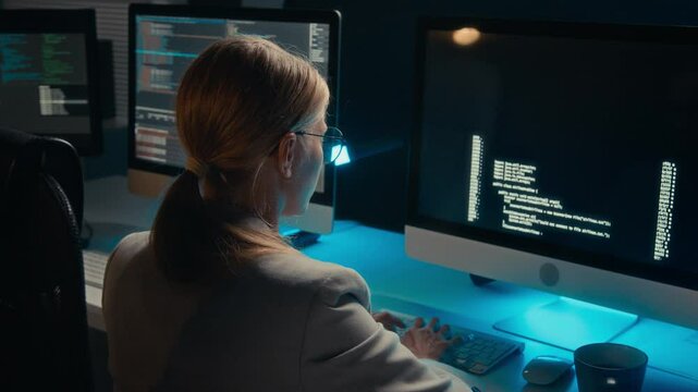 Medium rear shot of busy young Caucasian female programmer in glasses, with ponytail sitting in office, working on computer code and testing it on dark screen