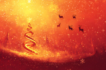 トナカイが空を駆ける幻想的なクリスマスシーン