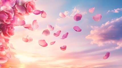 A romantic swirl of rose petals gently floating through the sky, with a soft pink and white gradient background, creating a serene and loving atmosphere
